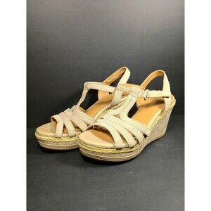 Clarks Soft Cushion Wedge Sandals Women Beige Suede Espadrille Ankle Strap sz 8M